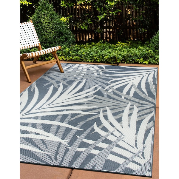 World Rug Gallery Toprical Leaves Coastal Reversible Recycled Plastic 7'10'' X 10' Navy Outdoor Rug 6068NAVY8X10 - main